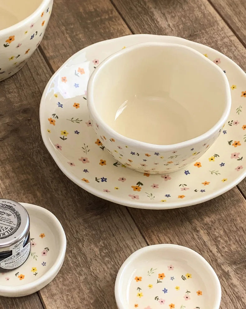 Korean Ceramic Bowl Dish with Fresh Flower Design INS Style High Appearance Level Home Domestic Rice Dish Fruit Salad Bowl