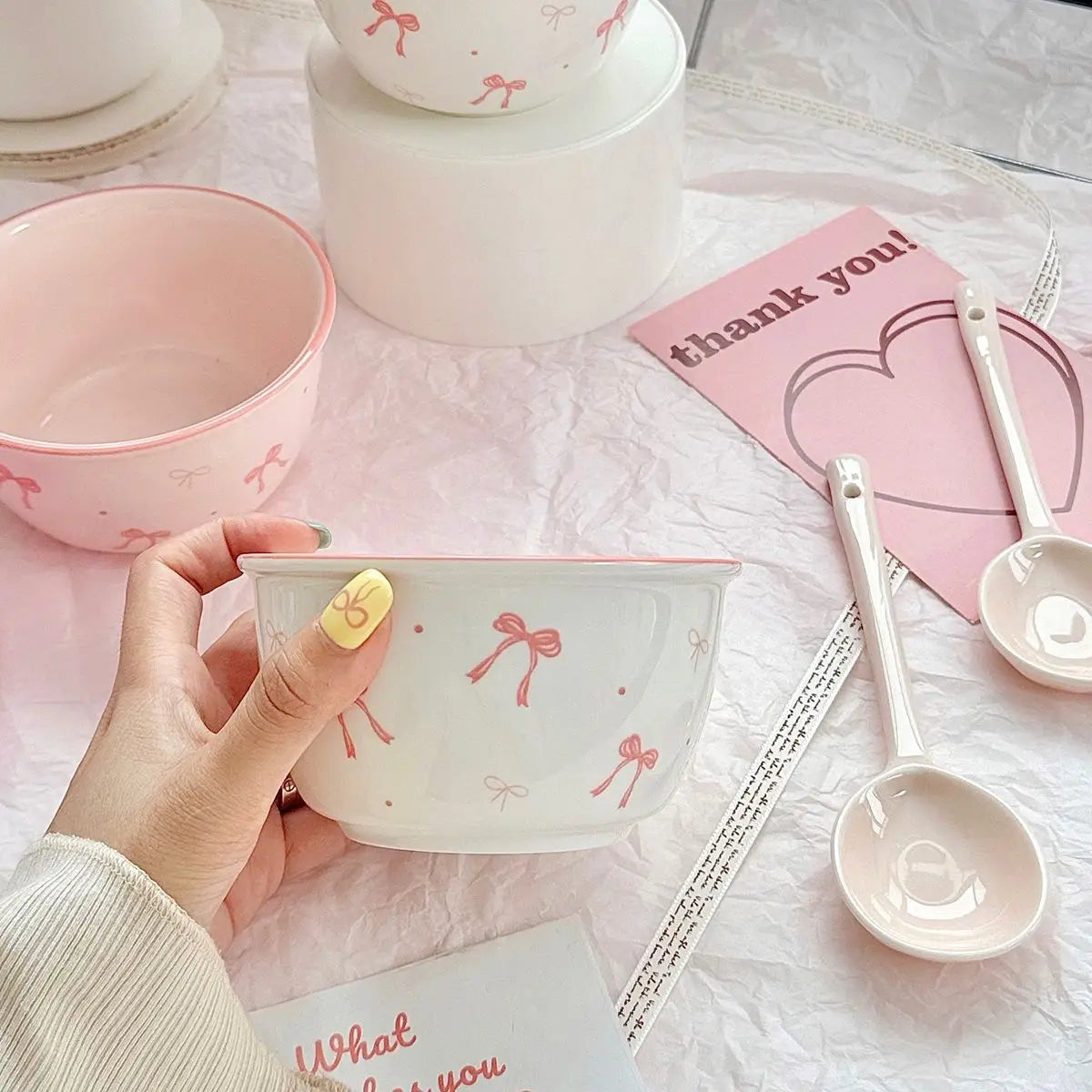 Pink Bow Rice Bowl,Ceramic Bowls Spoons Plates Underglaze Color High Value Tableware Dessert Bowl Set Unique Serving Plate
