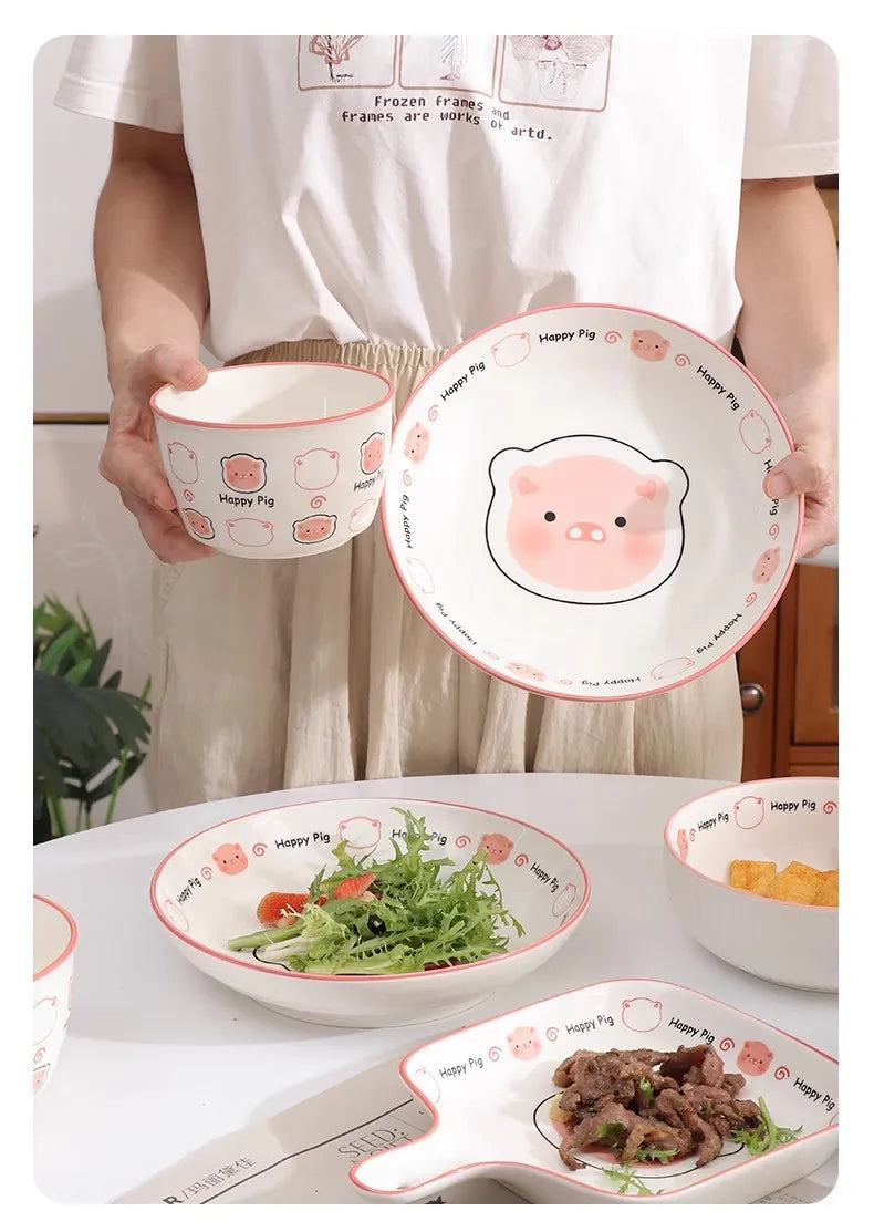 Cute Pig Ceramic Bowl Set Under Glaze Color Home Tableware Porcelain Dishes New Design