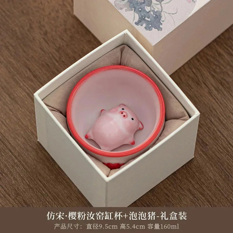 Creative Pig Inside Ceramic Teacup, Funny Bubble Spitting Pig Design, Espresso Coffee Water Mug, Cute Novelty Gift
