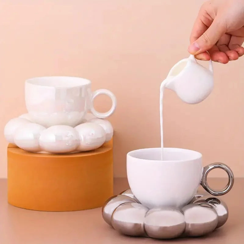 Ceramic Cloud-Shaped Coffee Cup Creative Sunflower Saucer Unique Office Afternoon Tea Mug Exquisite Milk Cups Kitchen Drinkware
