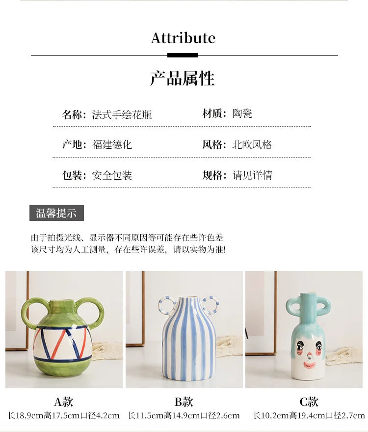 Fun Hand-painted Ceramic Flower Vase With Two Ears Living Room Decoration Accessories Decoración Hogar Home Decor Table Vases