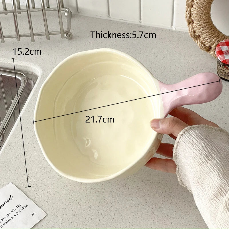 Simple Solid Ceramic Bowl With Handle Contrast Color Durable Home Kitchen Noodle Soup Dinnerware 500ML Fruit Yogurt Tablewares
