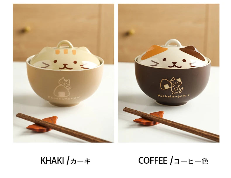 Japanese Cute Cat Cover Bowl Ceramic Soup Bowl Kawaii Instant Noodle Ramen Salad Baby Bowls Child Cartoon Decorative Dinnerware