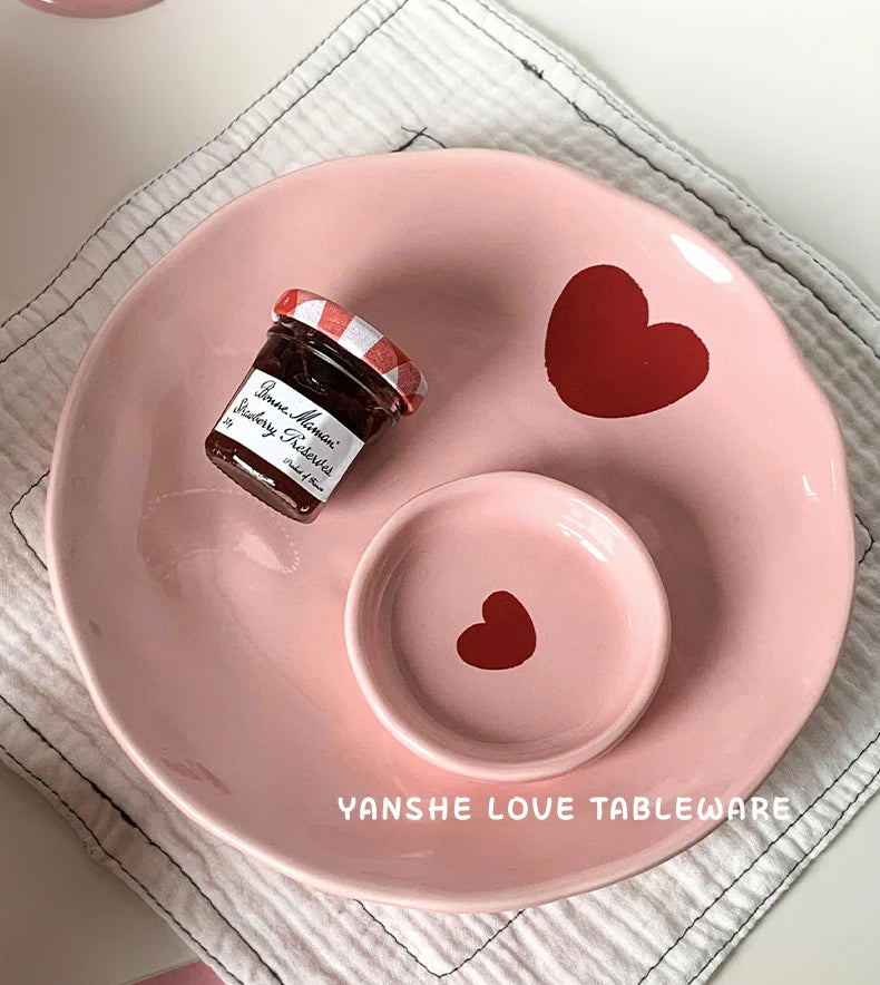 Salad Bowl Pink Heart Pattern Ceramic Plate Coffee Cup Children Dessert Bowl Household Cute Dinner Plates Restaurant Tableware
