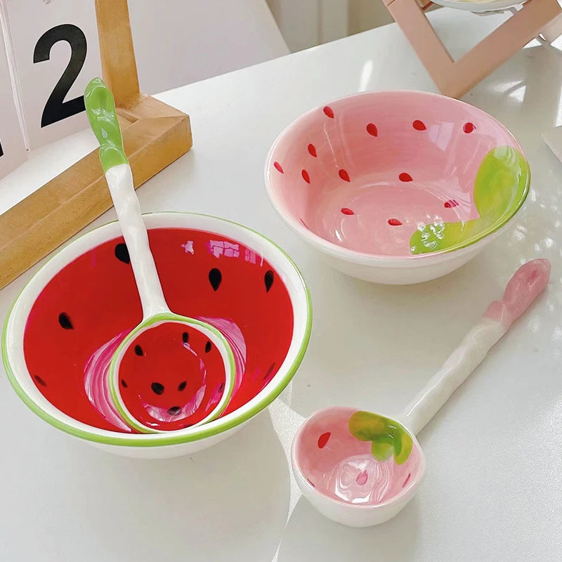 Lovely Strawberry Watermelon Shaped Bowl Spoon Ceramic Cereal Spoons Ramen Soup Spoons Fruit Pattern Serving Bowl Spoon