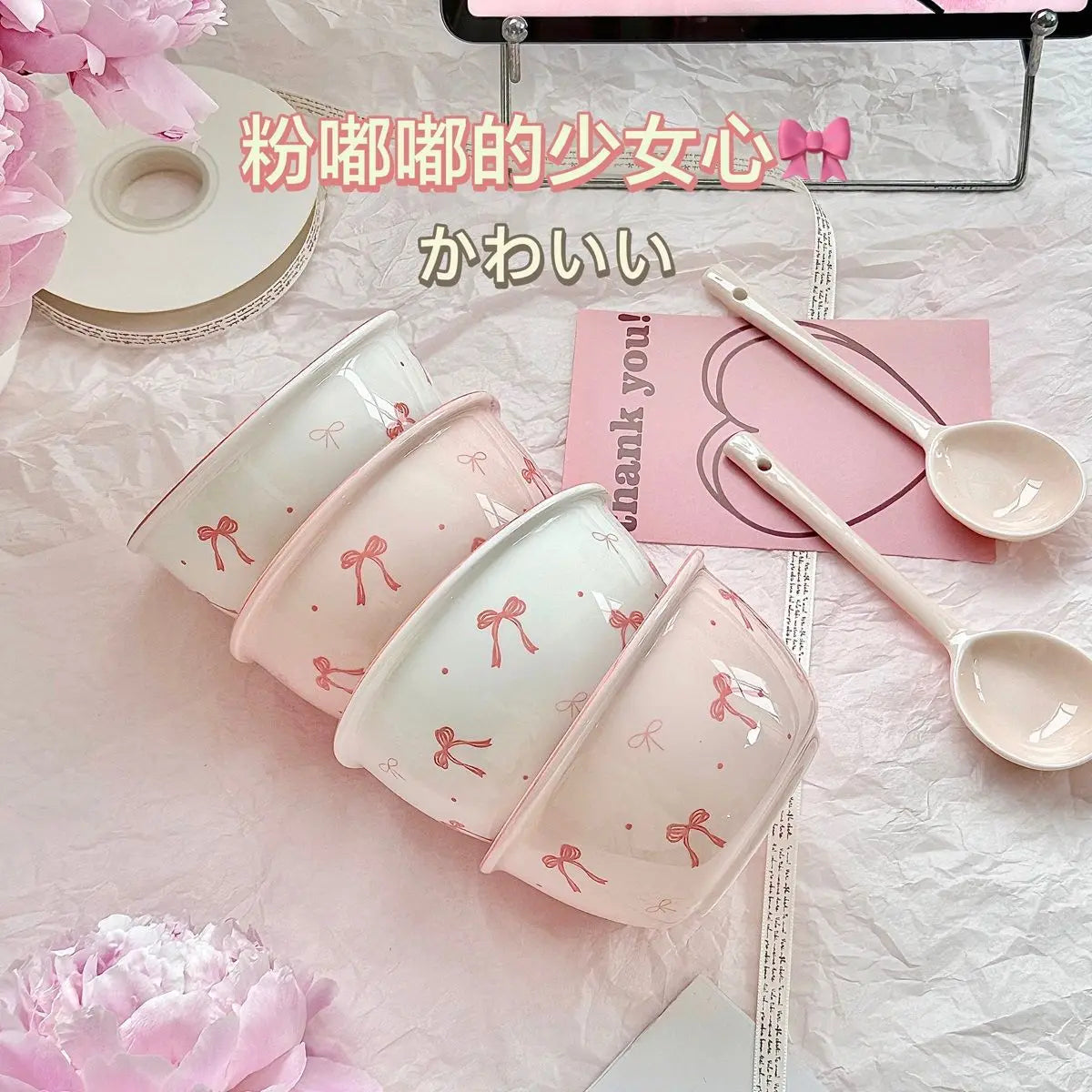 Pink Bow Rice Bowl,Ceramic Bowls Spoons Plates Underglaze Color High Value Tableware Dessert Bowl Set Unique Serving Plate