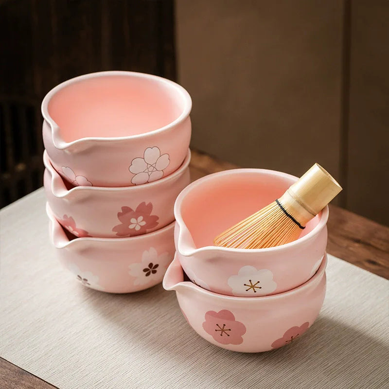 5PCS Flowers Pink Ceramic Bowl Matcha Tea Set Gift Box Safe Bamboo Brush Teaspoon Whisk Holder Matcha DIY-Making Tools ﻿