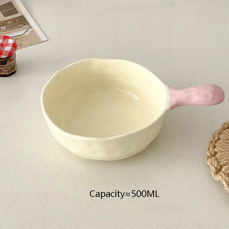 Simple Solid Ceramic Bowl With Handle Contrast Color Durable Home Kitchen Noodle Soup Dinnerware 500ML Fruit Yogurt Tablewares