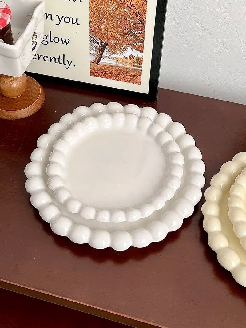 Cream Ins Ceramic Plate Bead Ordering Plate Milk Whisper Korean Wind Bead Edge Dessert Plate Breakfast Dish Home Tableware