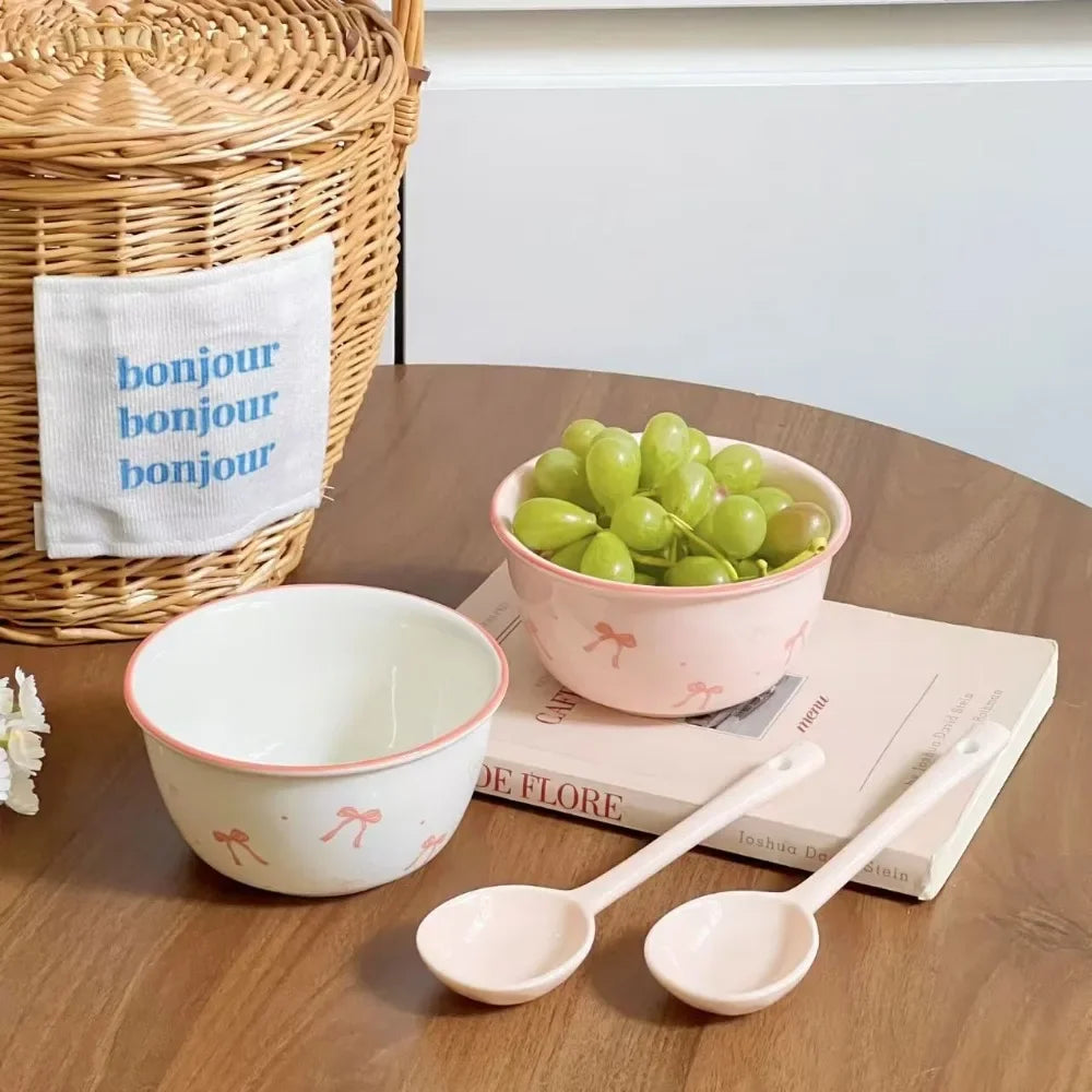Pink Bow Rice Bowl,Ceramic Bowls Spoons Plates Underglaze Color High Value Tableware Dessert Bowl Set Unique Serving Plate