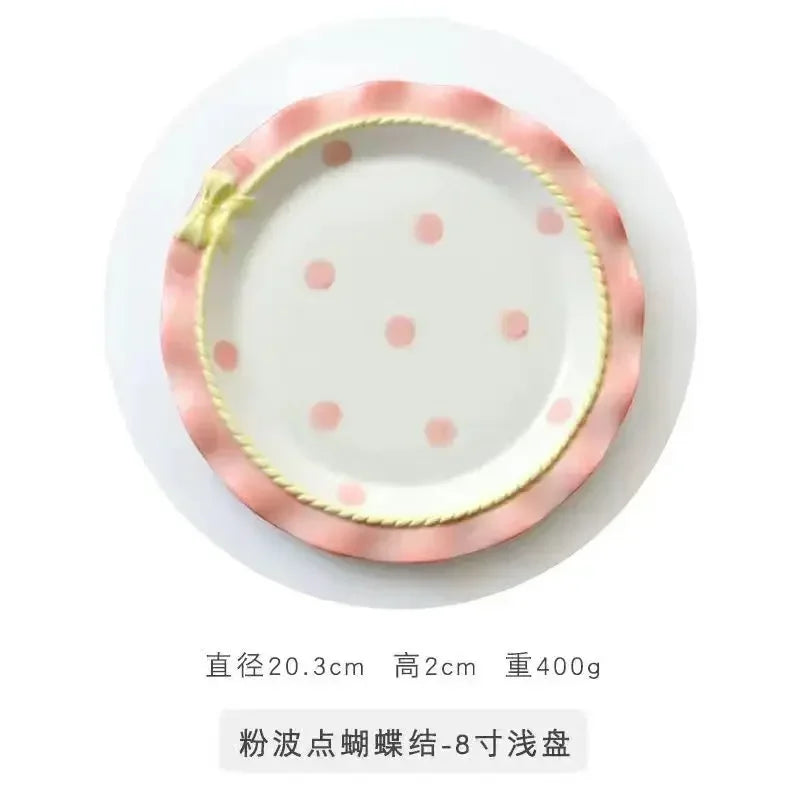 Heart-shaped Bow Wavy Edge Ceramic Dinnerware Set Ideal Cake Presentation, Korean Princess Pastry Platter, Lace-edged Rice Bowls