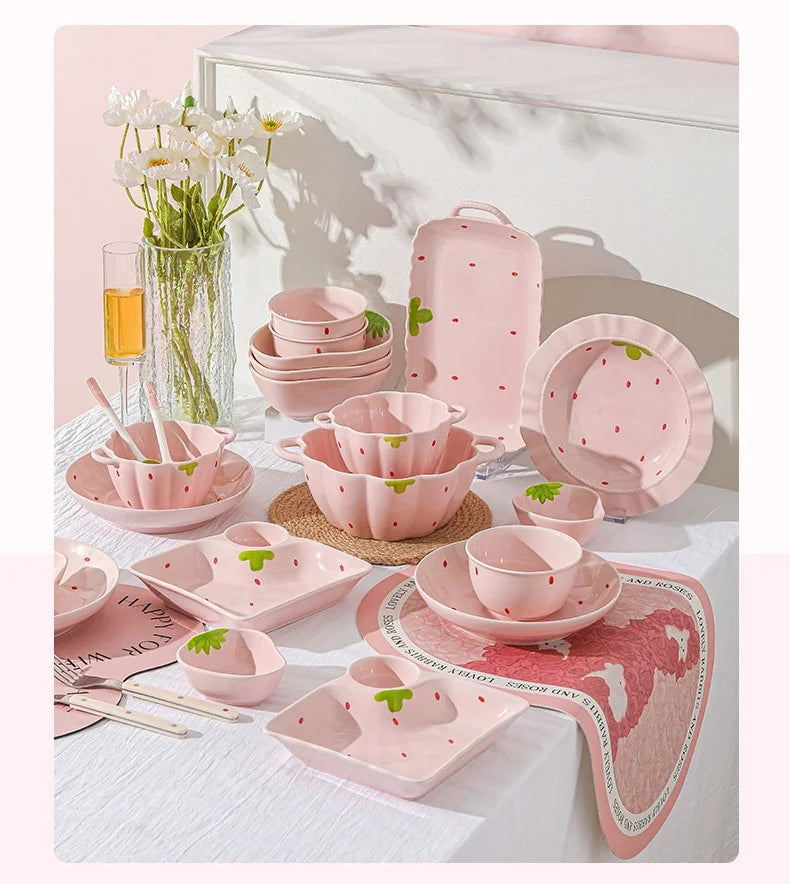 Cute Strawberry Ceramic Bowl Set For Home Use High Aesthetic Instant Noodles Salad Dessert Dining Tableware Kitchen Supplies