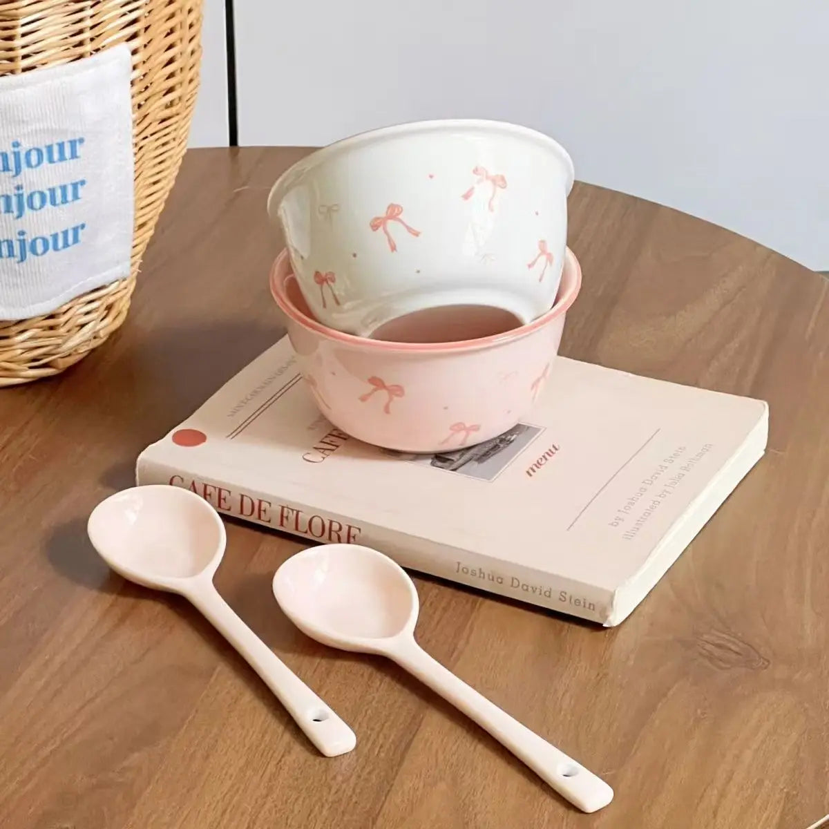 Pink Bow Rice Bowl,Ceramic Bowls Spoons Plates Underglaze Color High Value Tableware Dessert Bowl Set Unique Serving Plate