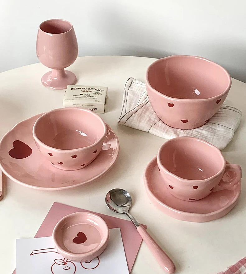 Salad Bowl Pink Heart Pattern Ceramic Plate Coffee Cup Children Dessert Bowl Household Cute Dinner Plates Restaurant Tableware