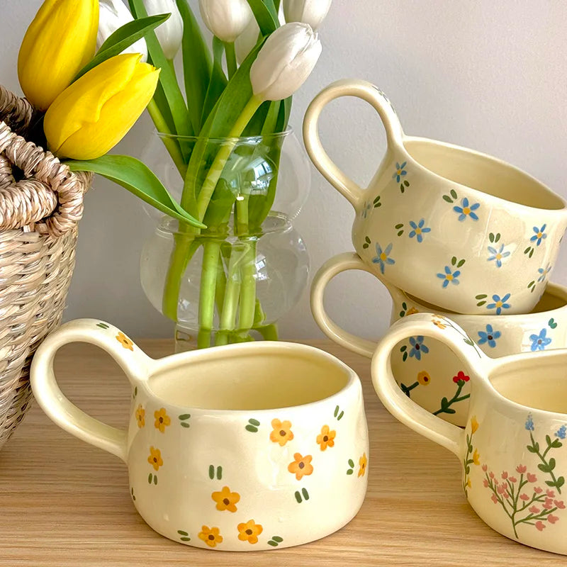 Korean Style Ceramic Mug Cute Hand Pinched Irregular Small Flower Pattern Coffee Cup Breakfast Milk Tea Cups Gift for Kids Girls