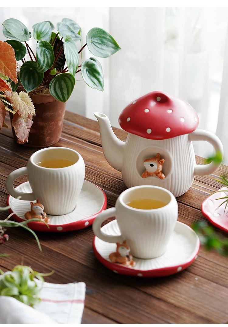Cute Red Mushroom Ceramic Tableware Coffee Cup Afternoon Tea Set Creative Cartoon Pastry Plate Rice Bowl Salad Plate Dinner Dish