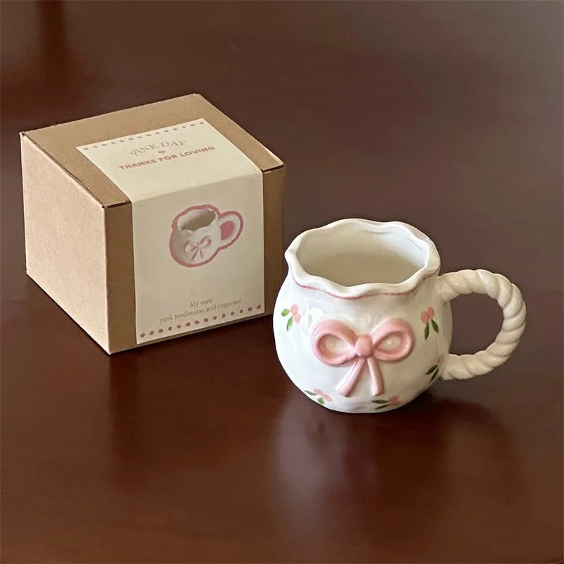 Cute Pink Relief Bow Ceramics Mug Cups Coffee Milk Drinks Ceramics Handle   Cup with Box Girls  Gift