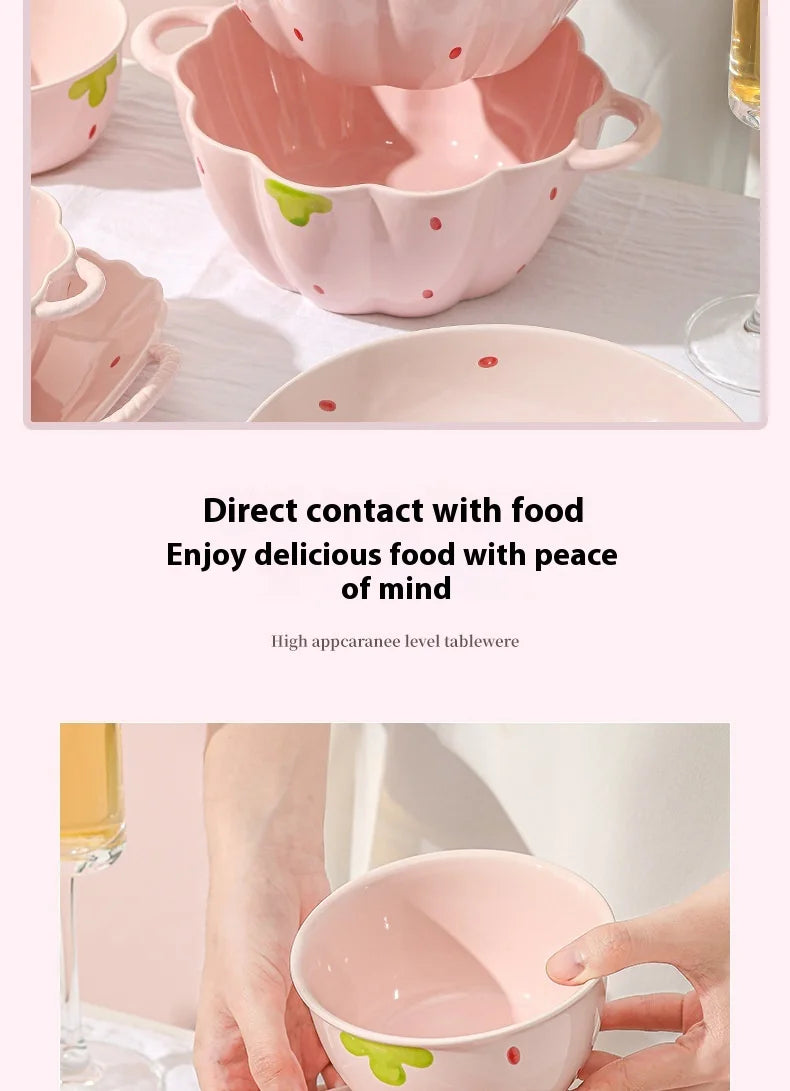 Cute Strawberry Ceramic Bowl Set For Home Use High Aesthetic Instant Noodles Salad Dessert Dining Tableware Kitchen Supplies