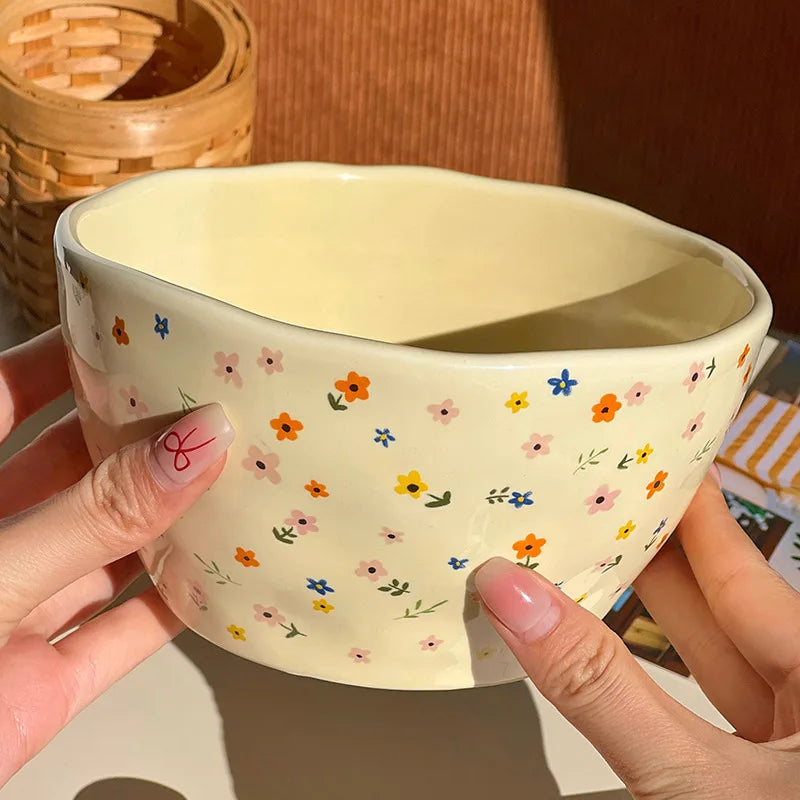 Korean Ceramic Bowl Dish with Fresh Flower Design INS Style High Appearance Level Home Domestic Rice Dish Fruit Salad Bowl