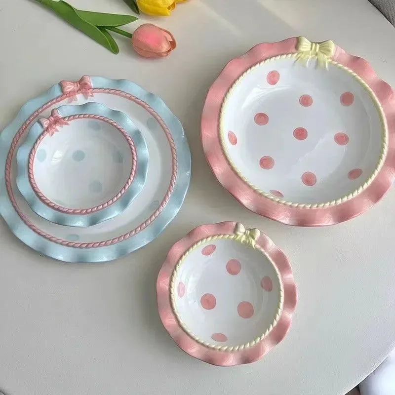 Heart-shaped Bow Wavy Edge Ceramic Dinnerware Set Ideal Cake Presentation, Korean Princess Pastry Platter, Lace-edged Rice Bowls