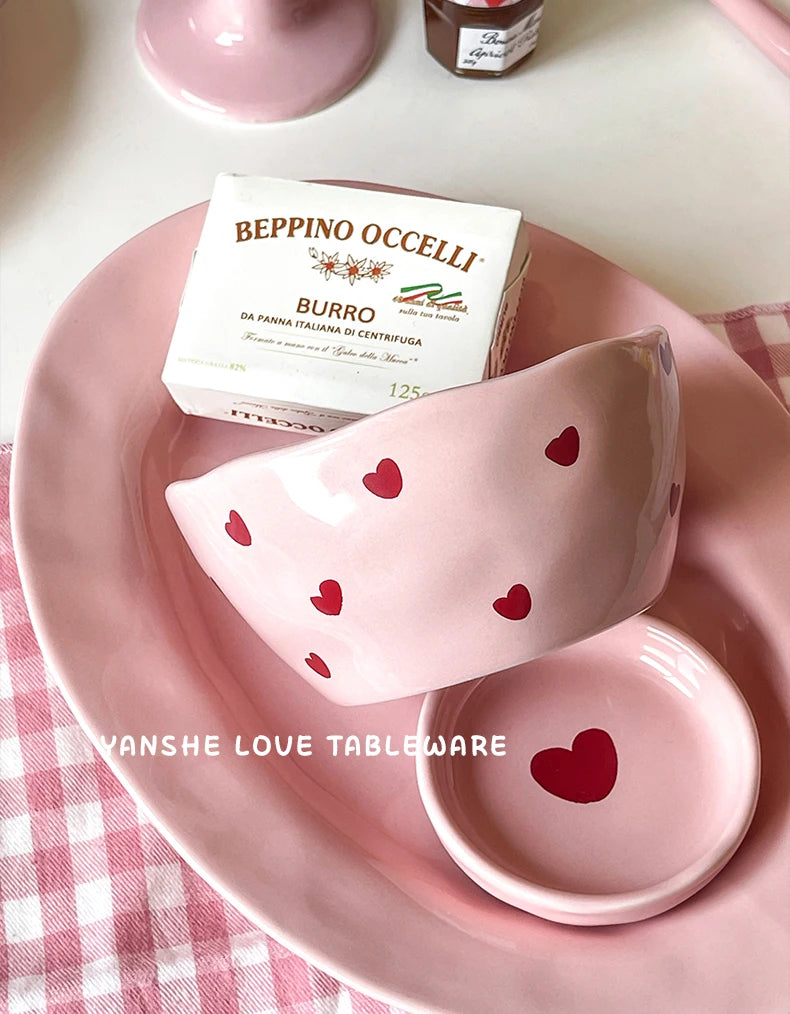 Salad Bowl Pink Heart Pattern Ceramic Plate Coffee Cup Children Dessert Bowl Household Cute Dinner Plates Restaurant Tableware