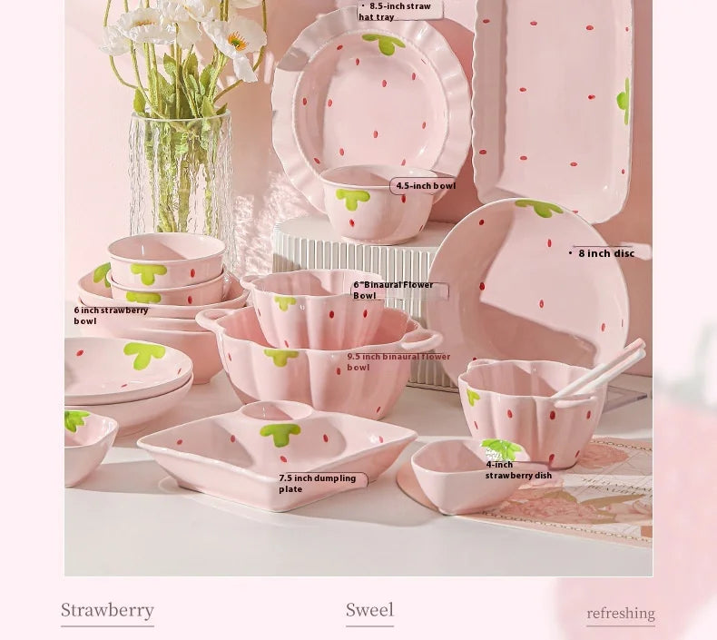 Cute Strawberry Ceramic Bowl Set For Home Use High Aesthetic Instant Noodles Salad Dessert Dining Tableware Kitchen Supplies