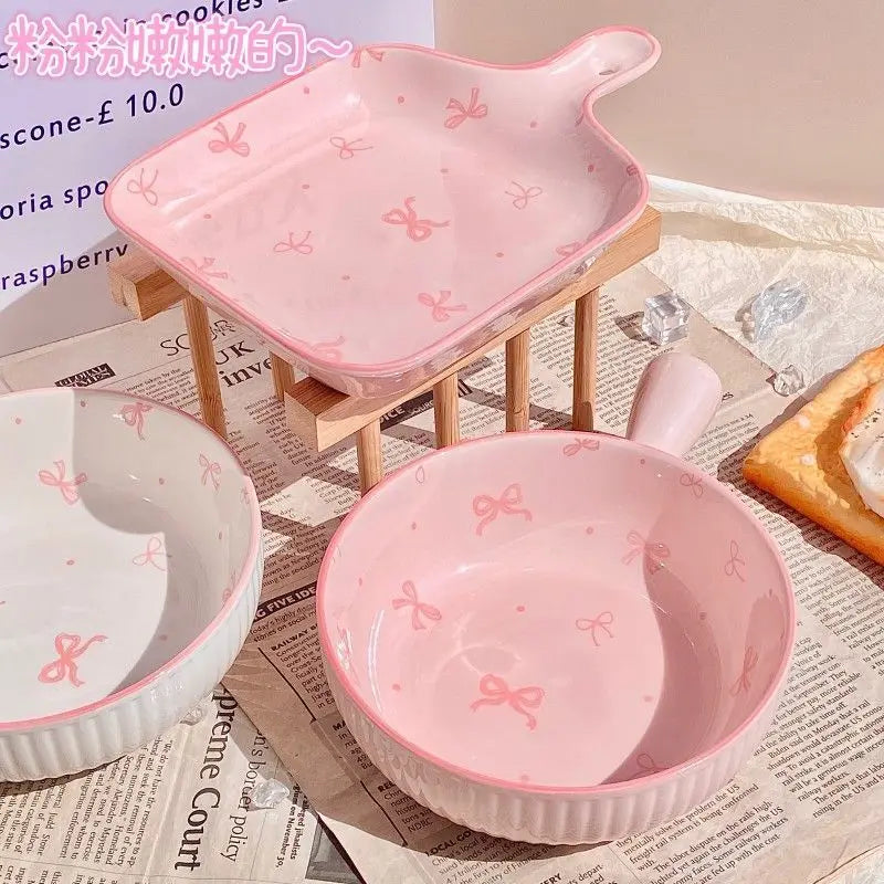 Pink Bow Ceramic Cutlery Set, Dessert Home Tableware Ceramic Handle Bowl Yogurt Cup High Value Breakfast Plate Drinkware