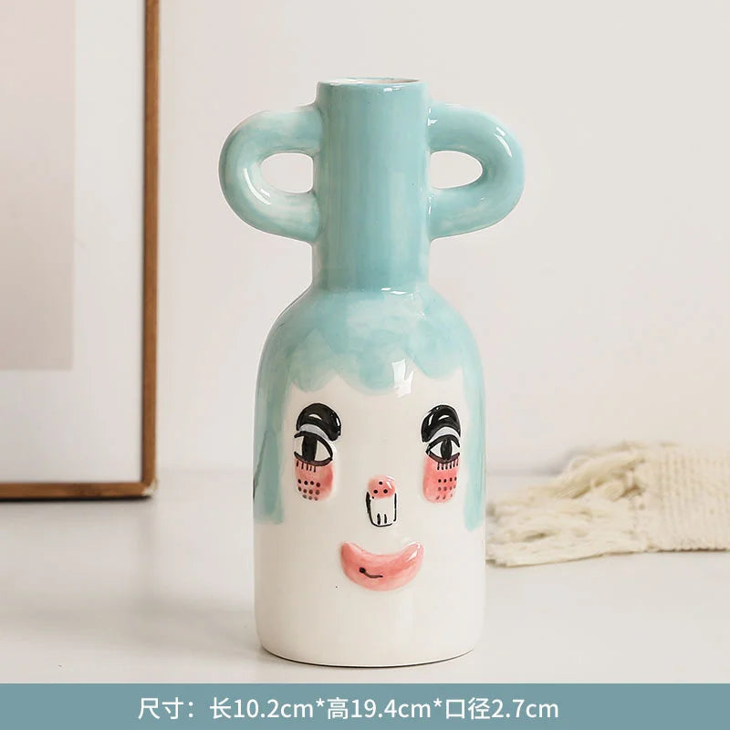 Fun Hand-painted Ceramic Flower Vase With Two Ears Living Room Decoration Accessories Decoración Hogar Home Decor Table Vases