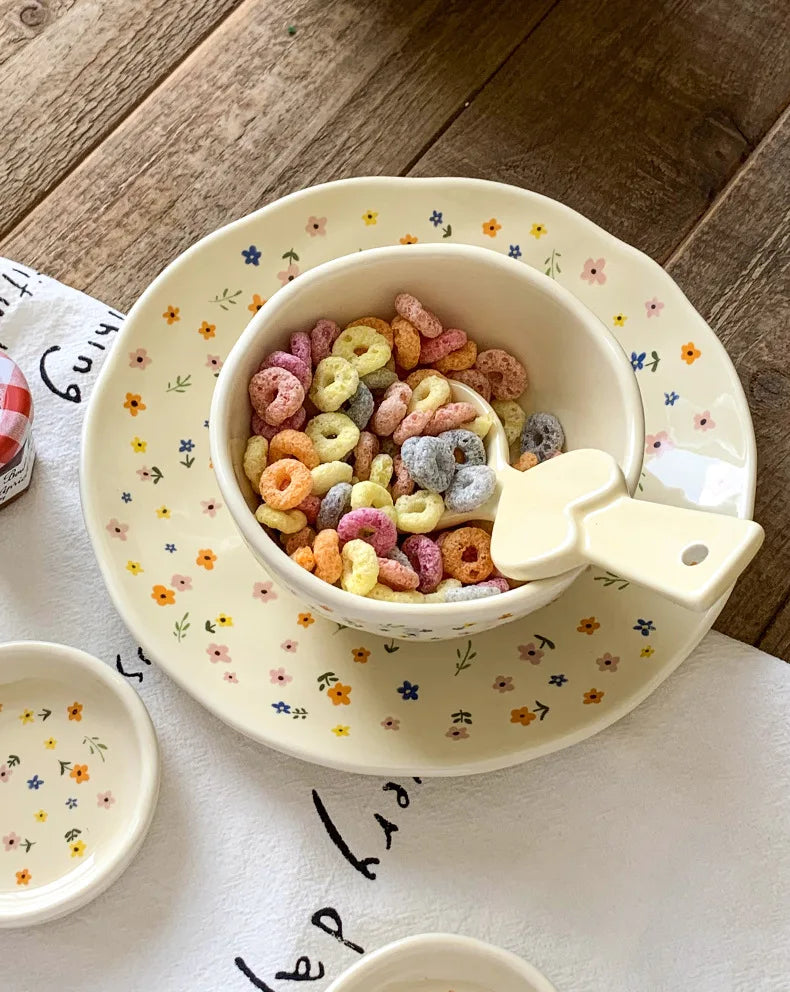 Korean Ceramic Bowl Dish with Fresh Flower Design INS Style High Appearance Level Home Domestic Rice Dish Fruit Salad Bowl