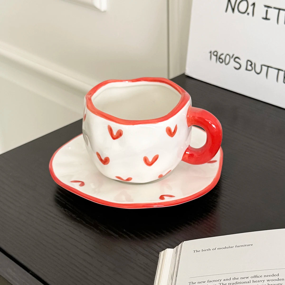 1Pc280Ml Original Design Scandinavian Style Hand-Kneaded Ceramic Coffee Cup and Saucer Multi-Color Plaid Heart Blue Sky and White Clouds Flower Mug Suitable for Afternoon Tea Milk Cup and Saucer Latte Cup Dessert Plate Cup an