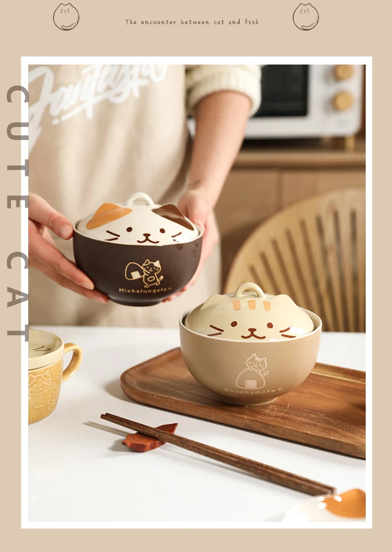 Japanese Cute Cat Cover Bowl Ceramic Soup Bowl Kawaii Instant Noodle Ramen Salad Baby Bowls Child Cartoon Decorative Dinnerware