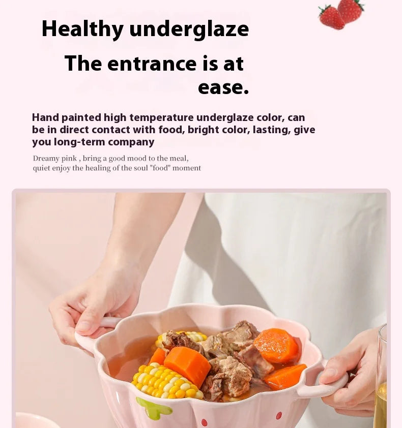 Cute Strawberry Ceramic Bowl Set For Home Use High Aesthetic Instant Noodles Salad Dessert Dining Tableware Kitchen Supplies