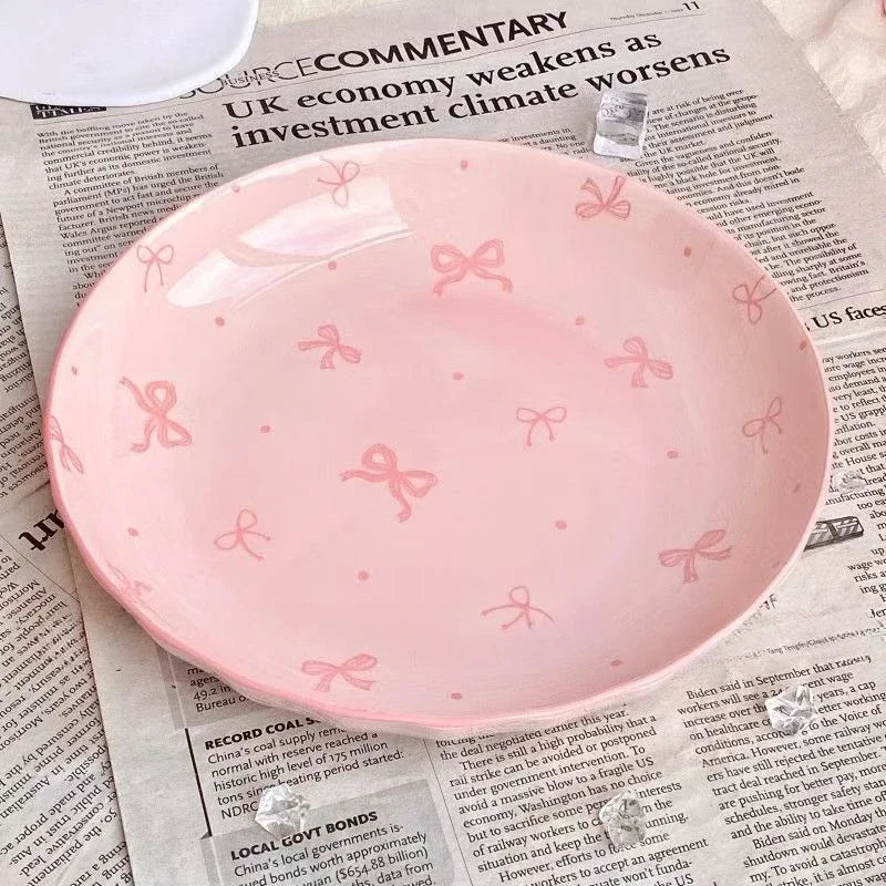 Pink Bow Rice Bowl,Ceramic Bowls Spoons Plates Underglaze Color High Value Tableware Dessert Bowl Set Unique Serving Plate
