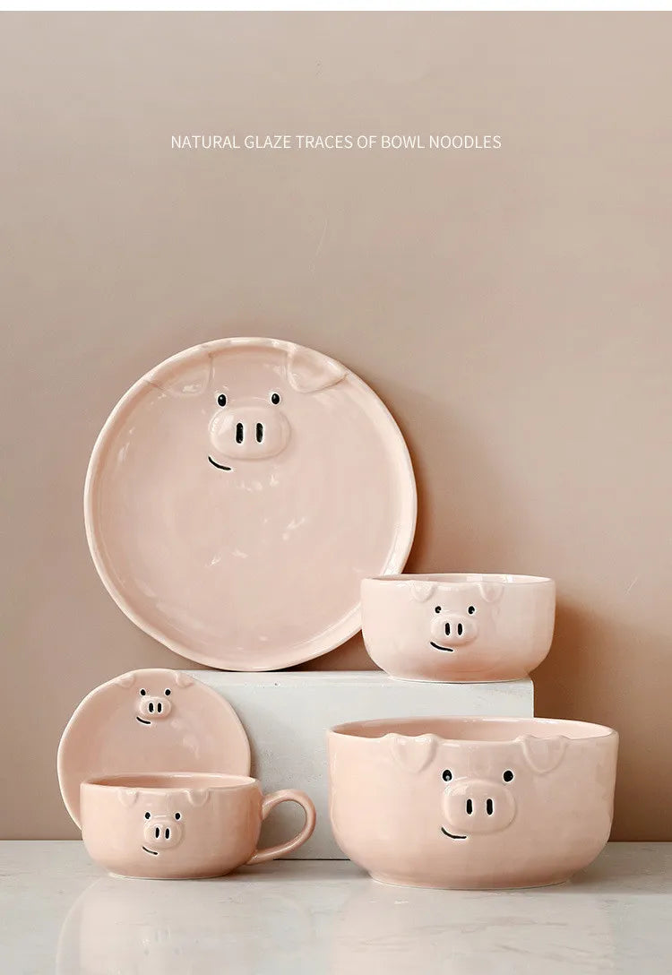 European Creative Cute Pink Pig Tableware Dishes Home Ceramic Plate Breakfast Nordic Wind Irregular Matte Plate Kitchen Utensils