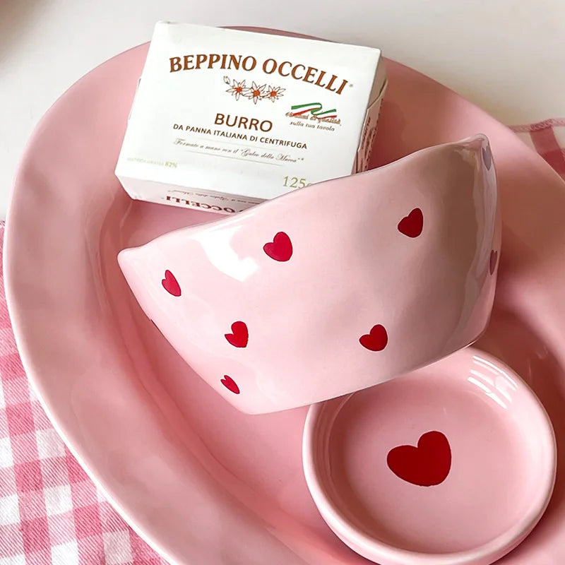 Salad Bowl Pink Heart Pattern Ceramic Plate Coffee Cup Children Dessert Bowl Household Cute Dinner Plates Restaurant Tableware