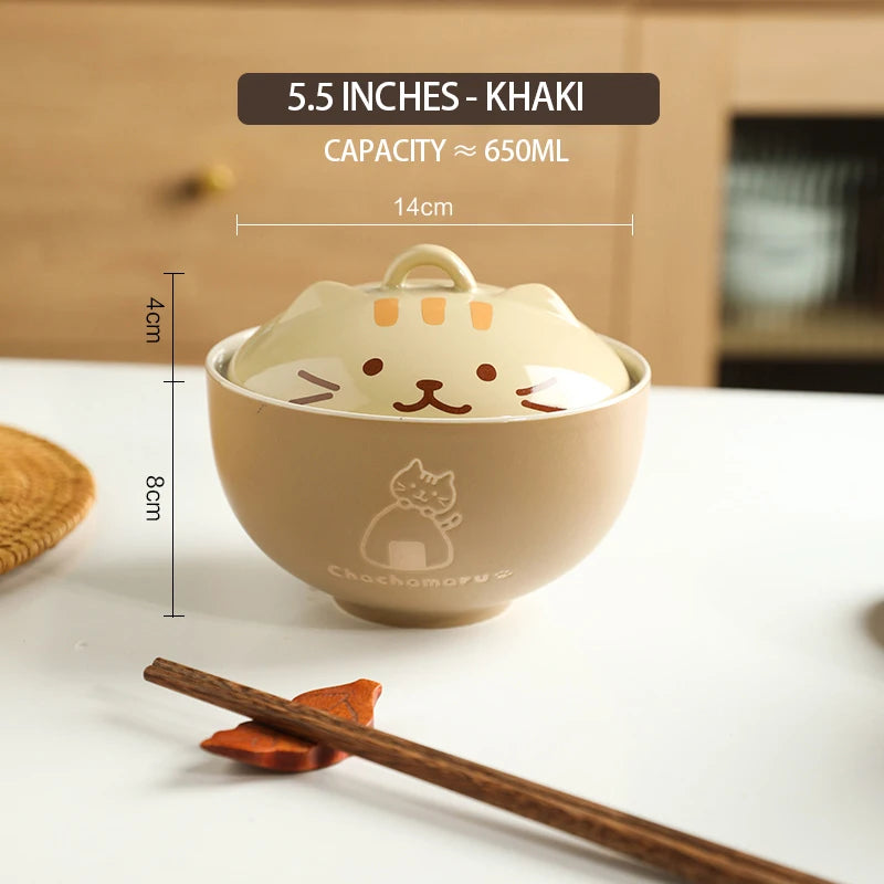 Japanese Cute Cat Cover Bowl Ceramic Soup Bowl Kawaii Instant Noodle Ramen Salad Baby Bowls Child Cartoon Decorative Dinnerware