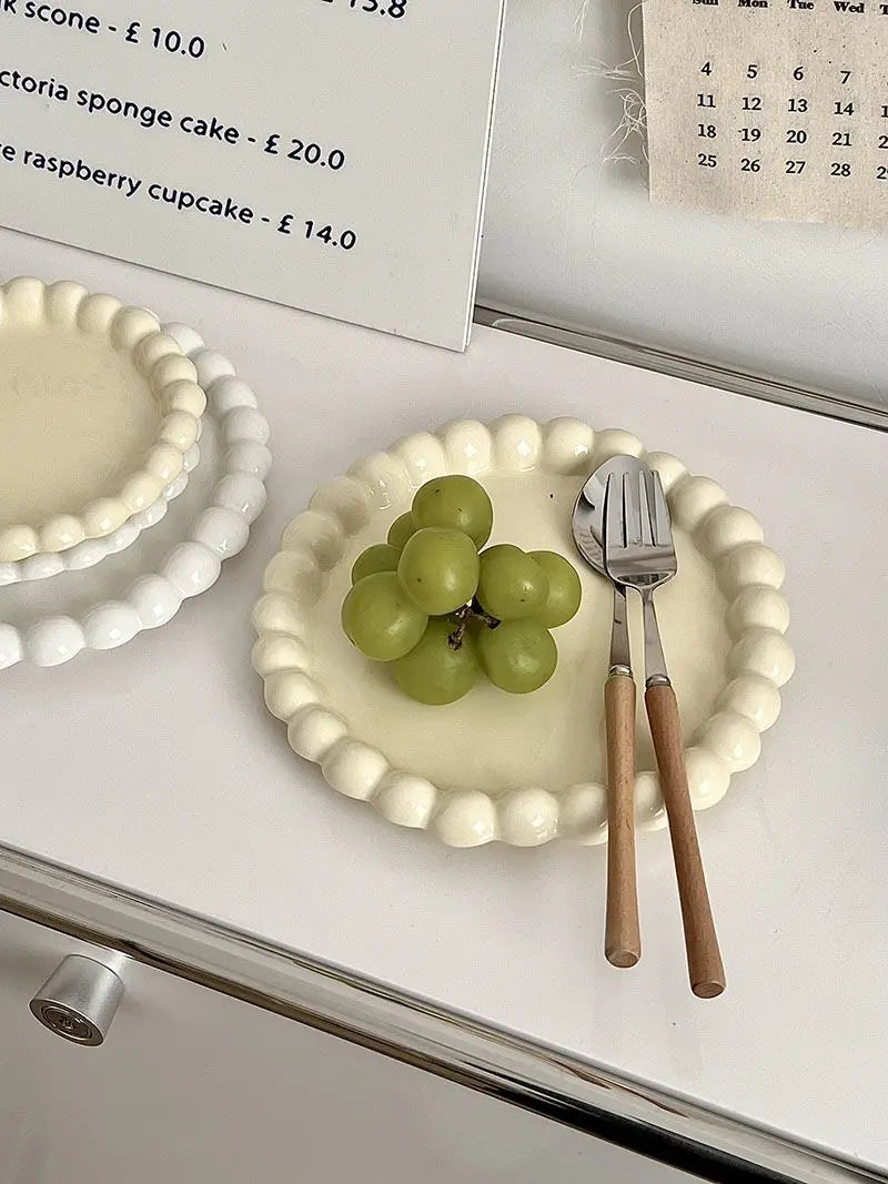 Cream Ins Ceramic Plate Bead Ordering Plate Milk Whisper Korean Wind Bead Edge Dessert Plate Breakfast Dish Home Tableware