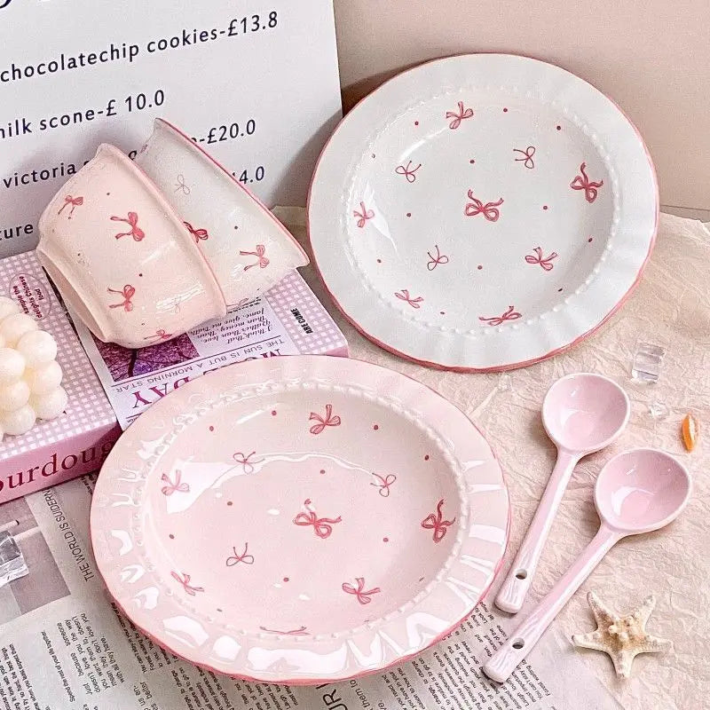 Korean Style Bowknot Underglaze Colored Bowl Plate Ceramic Dining Plate Home Salad Dessert Plate Household Art Tableware Set