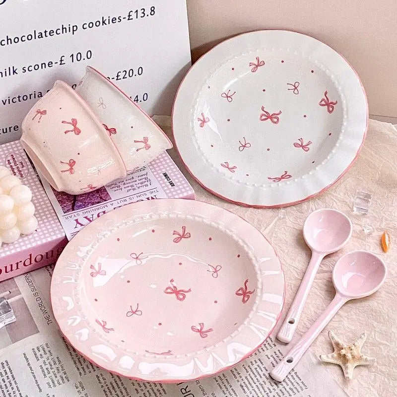 Korean Style Bowknot Underglaze Colored Bowl Plate Ceramic Dining Plate Home Salad Dessert Plate Household Art Tableware Set