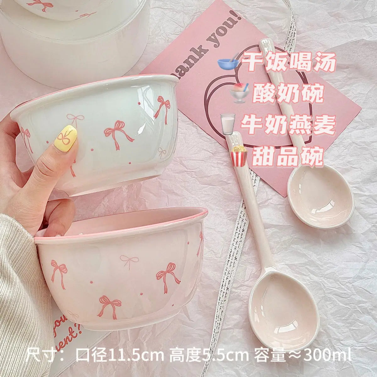 Pink Bow Rice Bowl,Ceramic Bowls Spoons Plates Underglaze Color High Value Tableware Dessert Bowl Set Unique Serving Plate