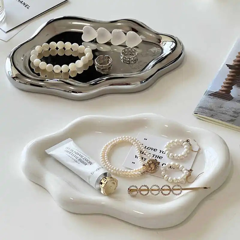 Silver Ceramic Plate Dish Irregular Tray Decorative Tray Storage Plate Household Snack Dish Shooting Props Shop Display
