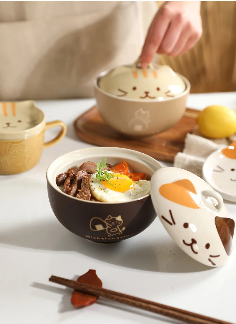 Japanese Cute Cat Cover Bowl Ceramic Soup Bowl Kawaii Instant Noodle Ramen Salad Baby Bowls Child Cartoon Decorative Dinnerware