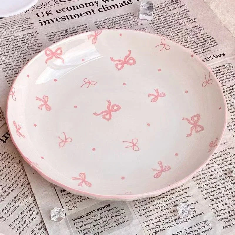 Pink Bow Rice Bowl,Ceramic Bowls Spoons Plates Underglaze Color High Value Tableware Dessert Bowl Set Unique Serving Plate