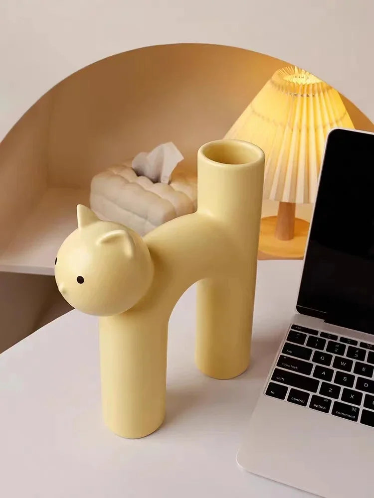 Ceramic Flower Vase H-shaped Cute Tubular Kawaii Cat Vase Room Home Desktop Decoration Room Decor Art Ornament Gift Flowerpot