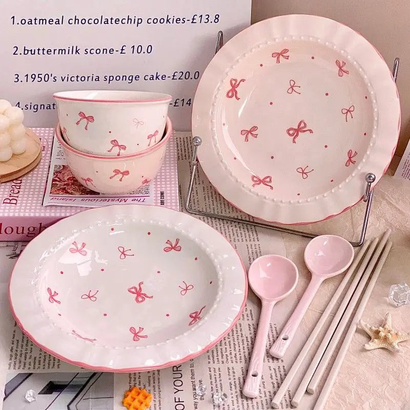 Korean Style Bowknot Underglaze Colored Bowl Plate Ceramic Dining Plate Home Salad Dessert Plate Household Art Tableware Set