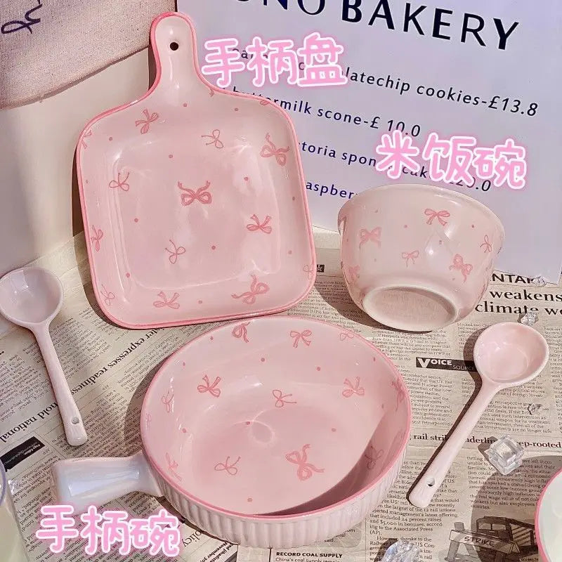 Pink Bow Ceramic Cutlery Set, Dessert Home Tableware Ceramic Handle Bowl Yogurt Cup High Value Breakfast Plate Drinkware