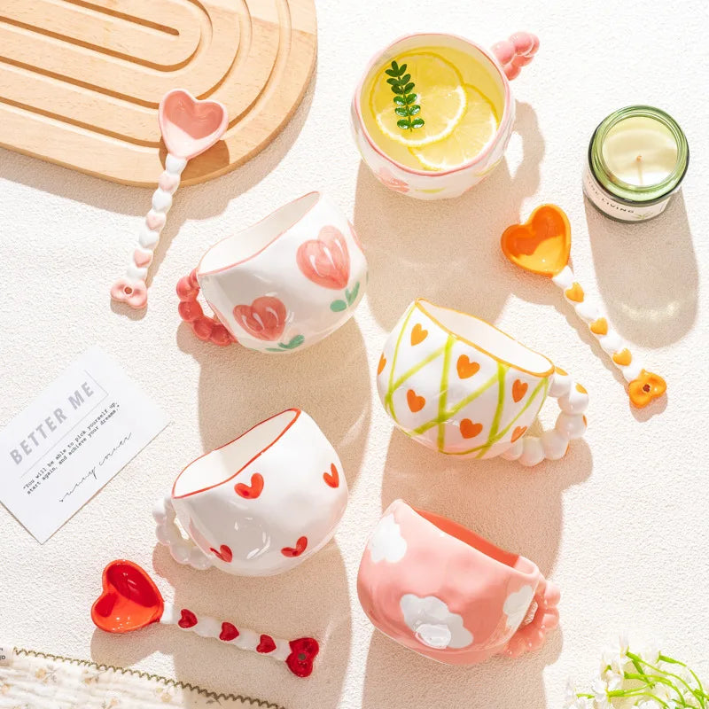 Cute Ceramic Mugs Cloud Heart Pattern Coffee Cups Flower Milk Tea Cup 250ML Drinkware Kitchen
