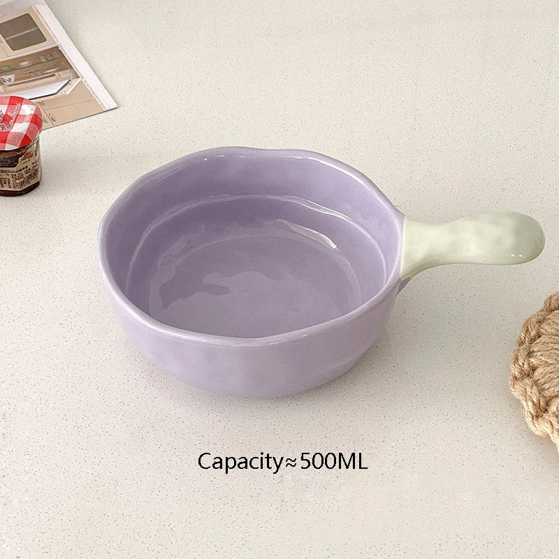 Simple Solid Ceramic Bowl With Handle Contrast Color Durable Home Kitchen Noodle Soup Dinnerware 500ML Fruit Yogurt Tablewares