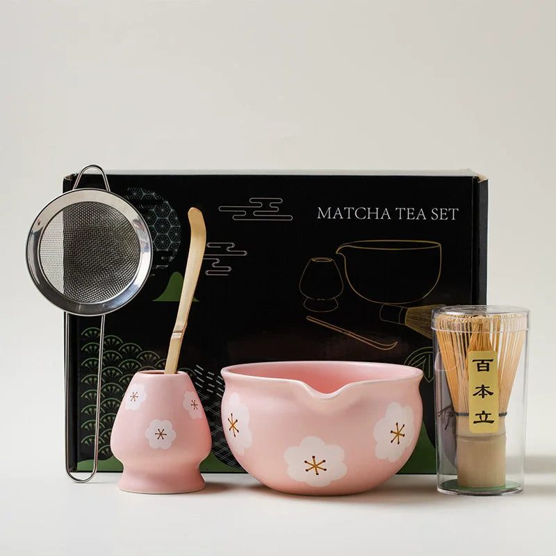 5PCS Flowers Pink Ceramic Bowl Matcha Tea Set Gift Box Safe Bamboo Brush Teaspoon Whisk Holder Matcha DIY-Making Tools ﻿